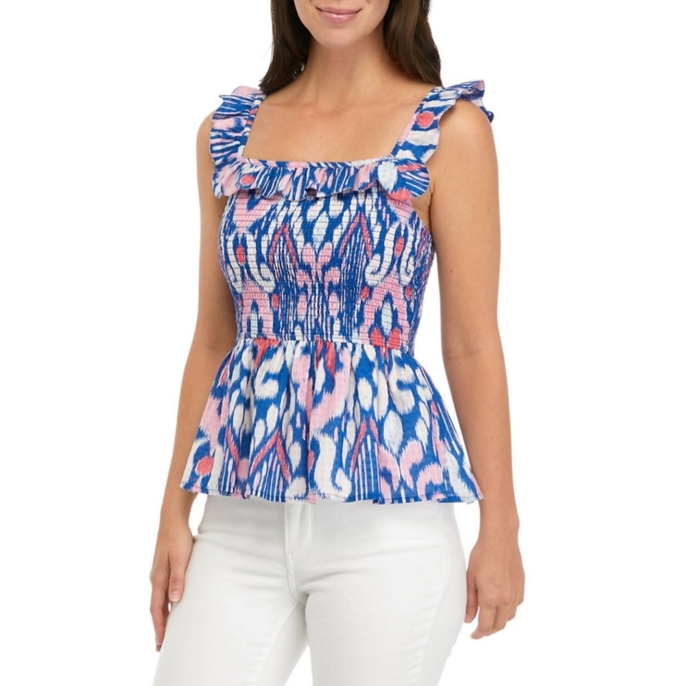 Crown & Ivy Blue Pink Ikat Flutter Sleeve Peplum Tank Top Size Small